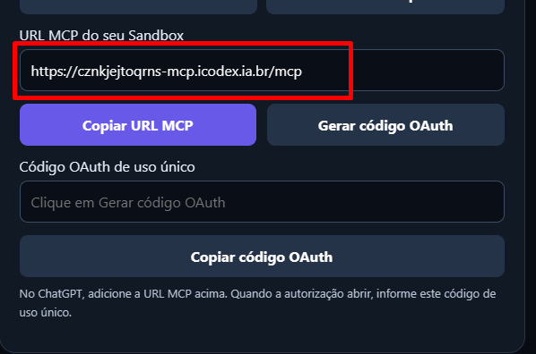 Etapa 5: Copie a URL MCP do seu Sandbox