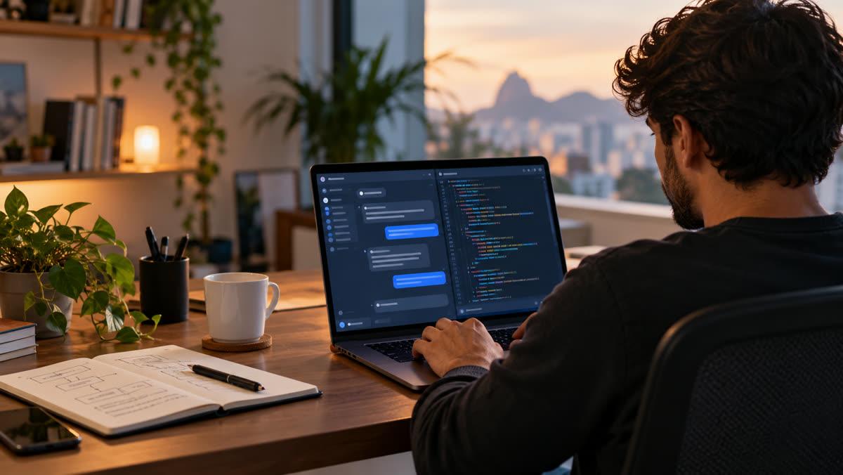 Profissional desenvolvendo software com um assistente em chat no notebook